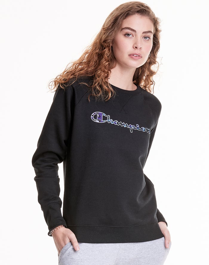 Champion Dame T-Shirts Sort - Powerblend Fleece Crew Liquid Filled C - Danmark QWE-273190